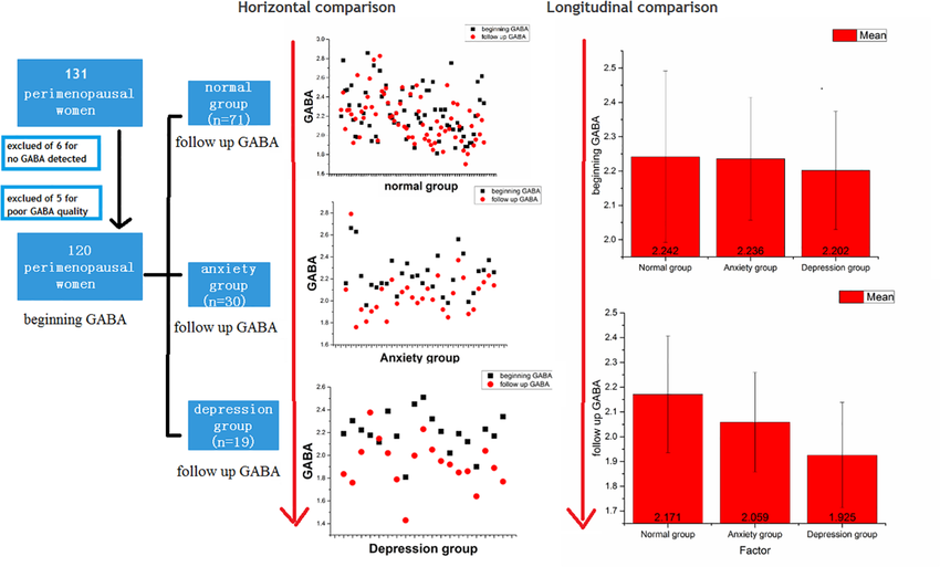 Flowchart and comparisons of GABA levels between the normal, anxiety and depression